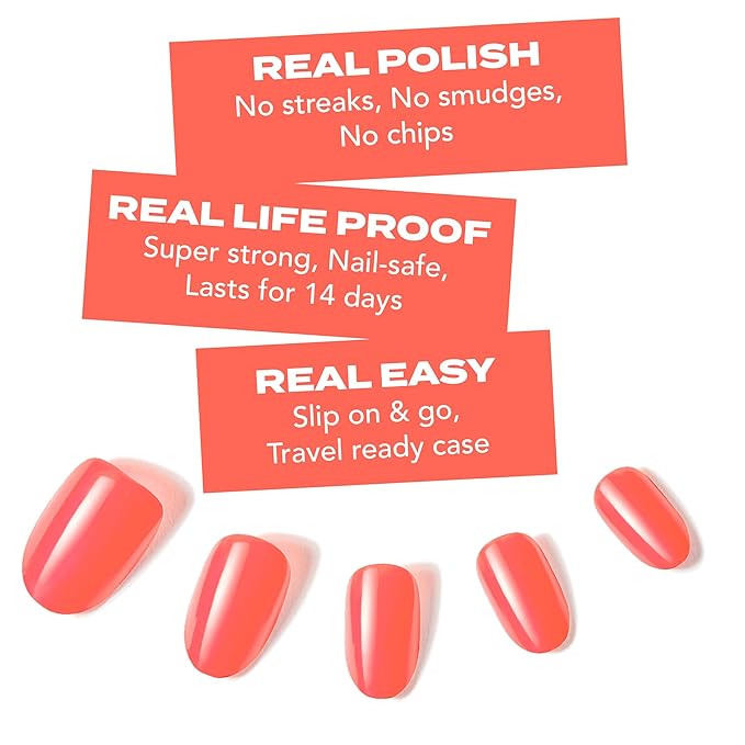 Coral Press On Nails, Short | Hard Candy False Nails with Real Orange Polish | Summer Nail Color | Includes - 24 Reusable Short Round Nails in 12 sizes, Strong Nail Glue, Travel Case and Accessories