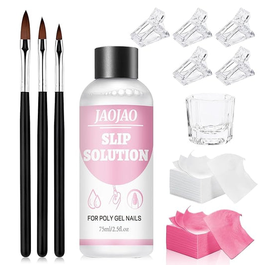 JAOJAO Slip Solution, Gel Nail Cleanser Nail Slip Solution with Brushes Crystal Cup Nailclippers and Cleaning Pads Effective Removal Versatile Cleaning Liquid for Home DIY Manicure,75ml