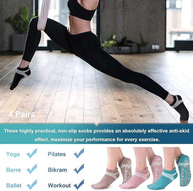 Muezna Non Slip Yoga Socks for Women, Anti-Skid Pilates, Barre, Hospital Socks with Grips, Size 5-10