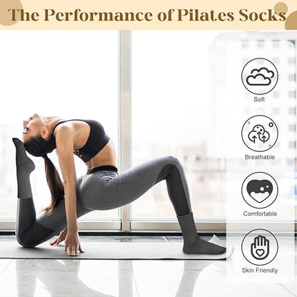 Justay 6 Pairs Pilates Socks with Grips for Women Soft Non Slip Crew Cotton Athletic Workout Barre Hospital Yoga Socks