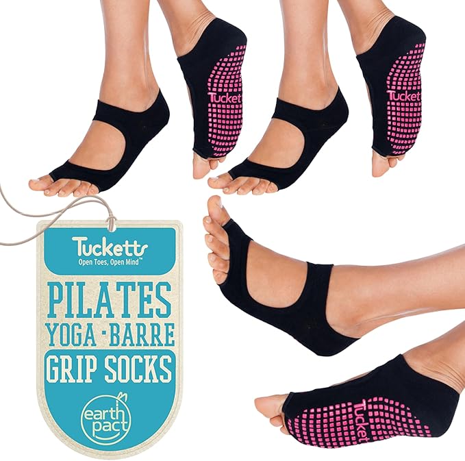 Tucketts Toeless Pilates Socks with Grips for Women, Non-Slip Yoga & Barre Socks for Stability & Barefoot Workouts, Size 6-13