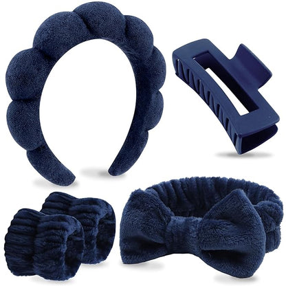 VELSCRUN Spa Headbands for Wash Face, Makeup Headband, Facial Skincare Headbands, 5 Pcs Dark Blue Puffy Sponge Spa Headband Bow Tie Hair Band Hair Clips Wristband Set Women Girls Accessories