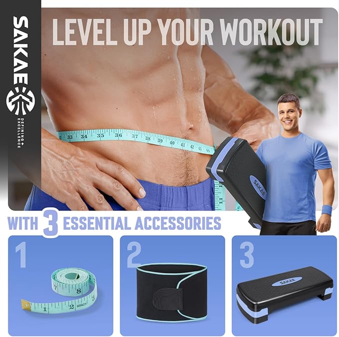 SAKAE Aerobic Step Platform Set with Waist Trimmer & Measuring Tape, Exercise Steppers for Home Exercise Fitness, Adjustable Height 2 Level Risers Workout Step Platform Trainer, Multiple Colors
