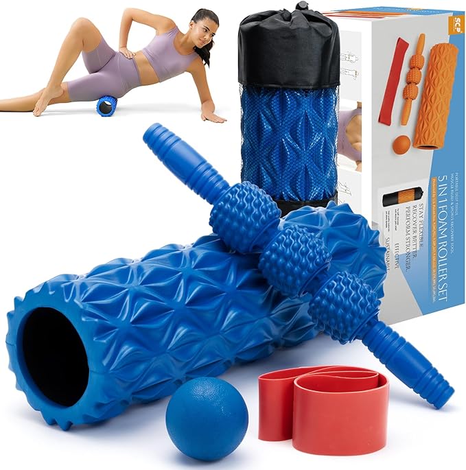 5 in1 Foam Roller Set, Trigger Point Foam Roller, Massage Roller Stick, Massage Ball, Resistance Band for Deep Muscle Massage Pilates Yoga,Fitness Exercise for Whole Body (Pure Blue)