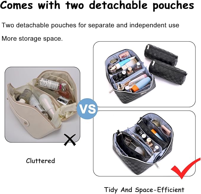 BOYATU Travel Makeup Bag Organizer Cosmetic Bag: 3 Pcs Set Make up Bags for Women with Handle - Waterproof Vegan Leather Toiletry Bags Travel Essentials Pouch with Compartments (01-Black)