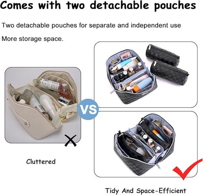 BOYATU Travel Makeup Bag Organizer Cosmetic Bag: 3 Pcs Set Make up Bags for Women with Handle - Waterproof Vegan Leather Toiletry Bags Travel Essentials Pouch with Compartments (01-Black)