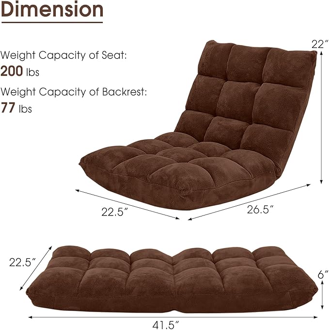Moccha 14-Position Floor Chair, Folding Sofa Chair with Back Support, Memory Foam Floor Gaming Chairs for Adults, Adjustable Padded Couch Recliner Sleeper Bed for Reading, Meditating, Brown