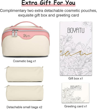BOYATU Travel Makeup Bag Organizer Cosmetic Bag: 3 Pcs Set Make up Bags for Women with Handle - Waterproof Vegan Leather Toiletry Bags Travel Essentials Pouch with Compartments (D-02-White)