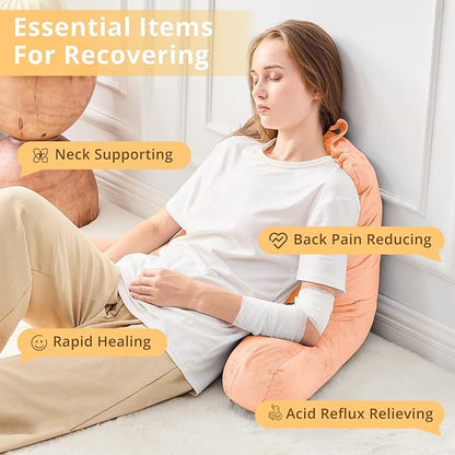 Sasttie Reading Pillow, Velvet Back Pillow for Bed Sitting Up, Adult Back-Rest Support Cushion with Arms for Sit Up on Couch, Sofa, and Floor, Dorm Essentials, Reading Accessories, Light Salmon