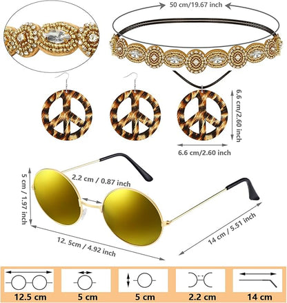 6 Pcs 60s 70s Outfits for Women Hippie Costume Set Peace Sign Earring Headband Fringe Vest Tassel Cardigan