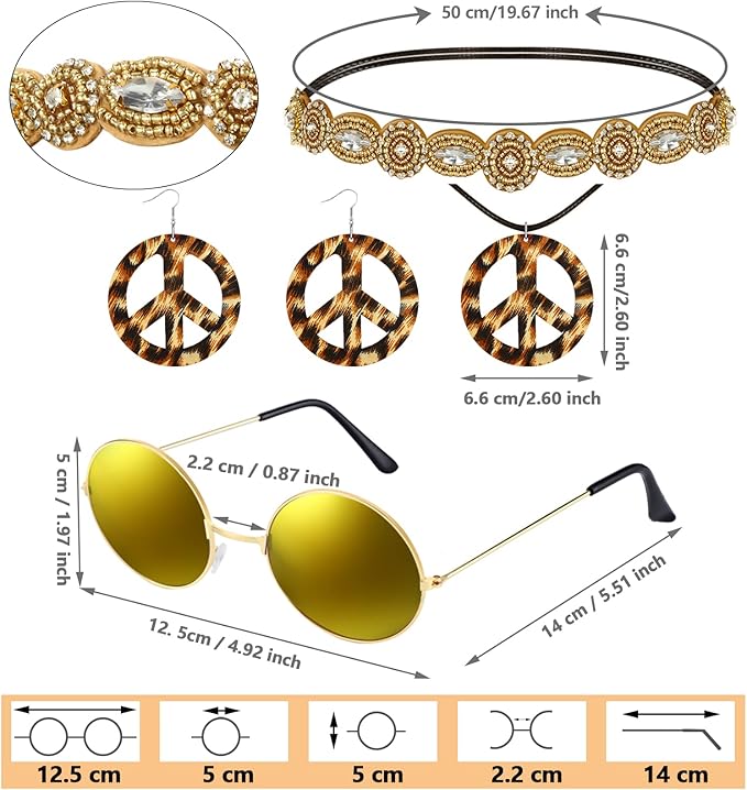 6 Pcs 60s 70s Outfits for Women Hippie Costume Set Peace Sign Earring Headband Fringe Vest Tassel Cardigan