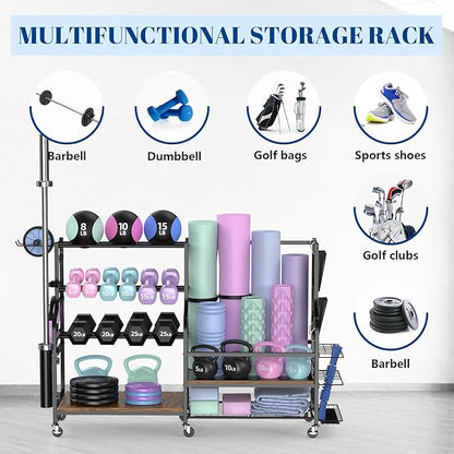 Mythinglogic Dumbbell Rack for Home Gym, Weight Rack for Dumbbells, Multifunctional Yoga Mat Holder for Barbell plates and Kettlebells, Home Gym Storage Rack with Casters