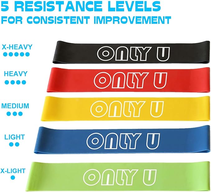 Only U Resistance Bands Set - Exercise, Fitness, Yoga & Pilates Bands Kit for Home Gym Workout for All Levels of Fitness, Set of 5 Bands with Different Resistance, Carry Bag