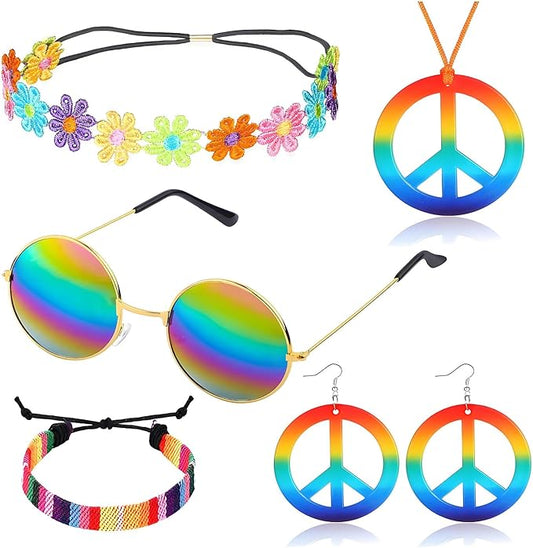 5 Pcs Hippie Costume Accessories Set Women, 60s 70s Party Dressing Accessory Peace Sign Necklace Party Decorations for Party