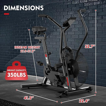pooboo Exercise Bike, Stationary Bike for Home Gym, Air Resistance Bluetooth Fan Bike w/Dual Acction Handlebars & Dual-Layer Transmission System, Upright AirBike Indoor Cycling Bike for Cardio Workout