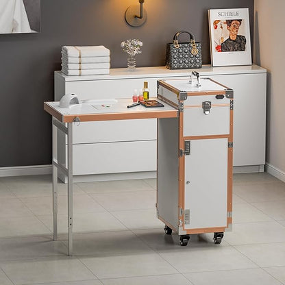 Icoget Portable Rolling Manicure Table for Nail Teach, Foldable Traveling Nail Desk w/Storage, Mobile Nail Table w/Audio and Mirror, Makeup Train Case Cosmetic Trolley, White