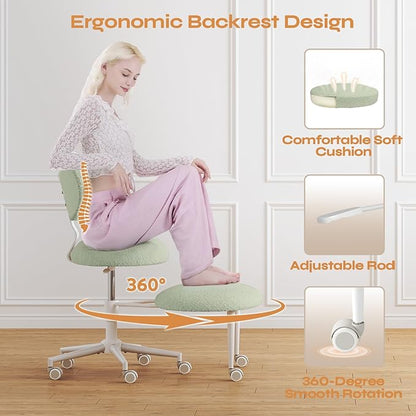 Ergonomic Cross Legged Office Chair with Wheels, ADHD Chair for Adults, Meditation Chair, Yoga Office Chair, Comfortable Back Support, Height Adjustable,Small Spaces, Teddy Fabric, Green