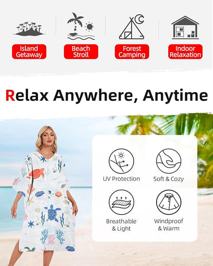 Abahub Surf Poncho Men & Women Towel Poncho Adult with Hood, Thick Quick Dry Changing Poncho Towel, Microfiber Wearable Cover Up for Surfing Beach Swim - Absorbent Changing Towel L (White Seabed)