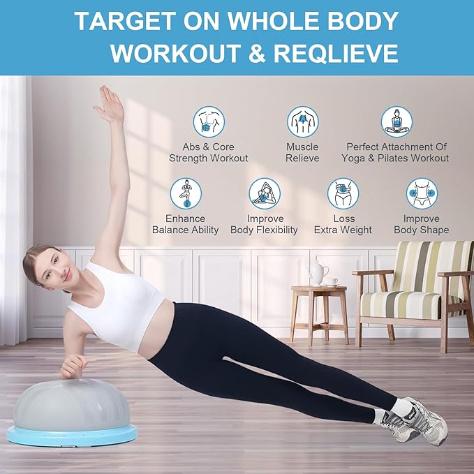 Balance Ball Trainer,Inflatable Yoga Plank Exercise Ball With Plank &Game,Half Balance Trainer With Extra Yoga Ball & Resistance Bands For Home Gym Workout Core Strength Training.