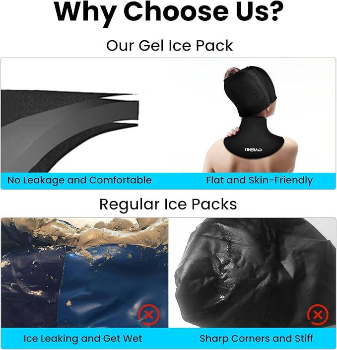 I-THERA-U Migraine Relief Cap & Neck Ice Pack Wrap Gel Combo, 2Pcs-Set Reusable Headache Hat Ice Pack Mask, Cervical Cold Compress Head Wrap for Tension, Cooling, Pain Relieve