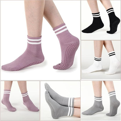 Jeyiour 4 Pairs Womens Pilates Socks with Grip Long Non Slip Yoga Crew Socks for Barre Hospital Home Workout