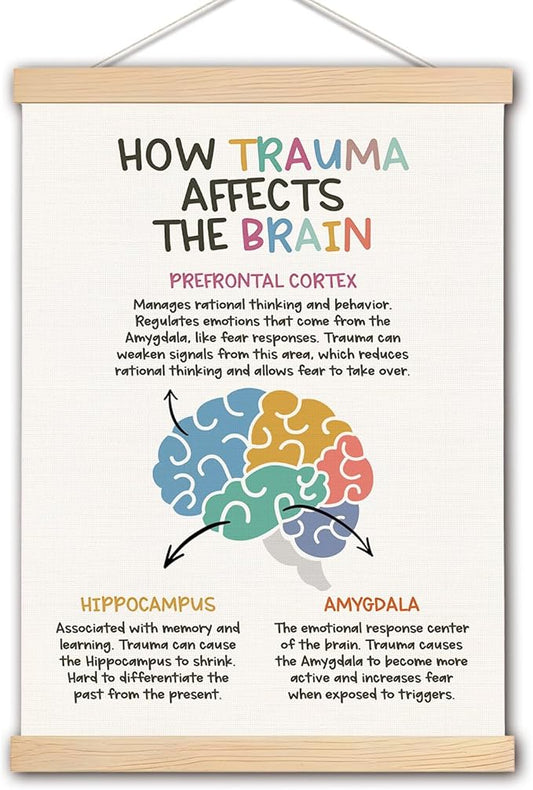 Human Brain Mental Health Wall Art Poster, Therapy Office Must Haves, How Trauma Affects The Brain CBT DBT Psychology Poster Hanger Frame for Therapy Counselor Office Classroom, 12x16 Inches