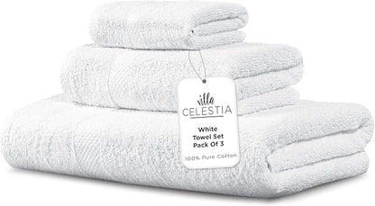 100% Combed Cotton Bathroom Towel Set of 3- 1 Bath Towel, 1 Hand Towel, 1 Wash Cloth, Sustainable, Soft, Highly Absorbent 3 Piece Cotton Bath Towel Set Ideal for Hotels, Spa, Bathroom, Dorm, White