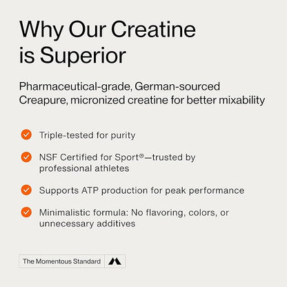 Momentous Creatine Monohydrate Powder - Creapure Creatine Powder - Supports Strength, Lean Muscle, & Recovery for Men & Women - NSF Certified for Sport - 5 g per Serving - 90 Servings