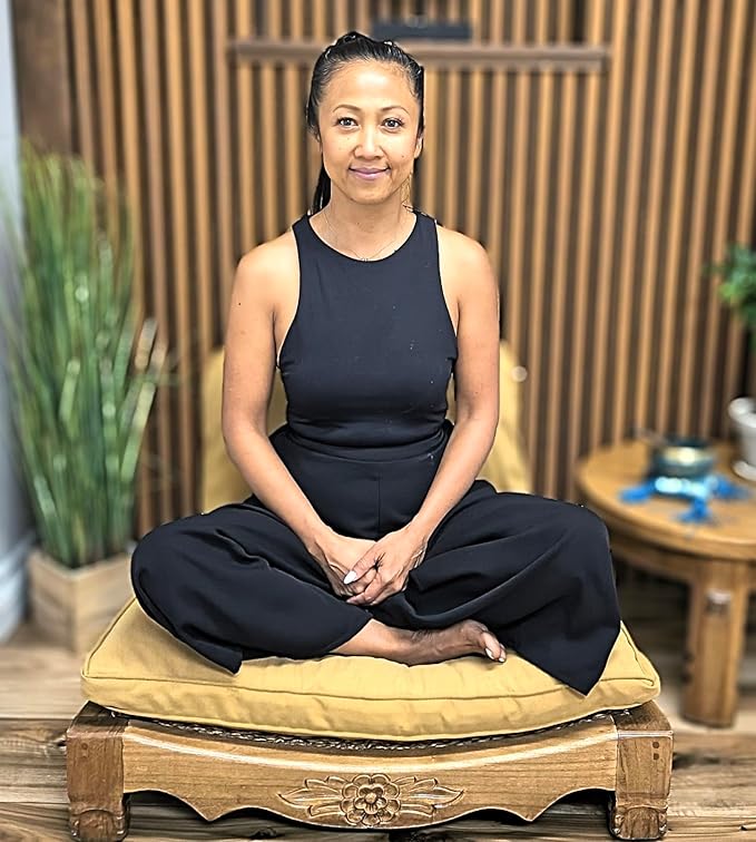 Handcrafted Wooden Meditation Chair with Woven Seagrass Seat, 30 x 28 x 18 inches (Harvest Gold)
