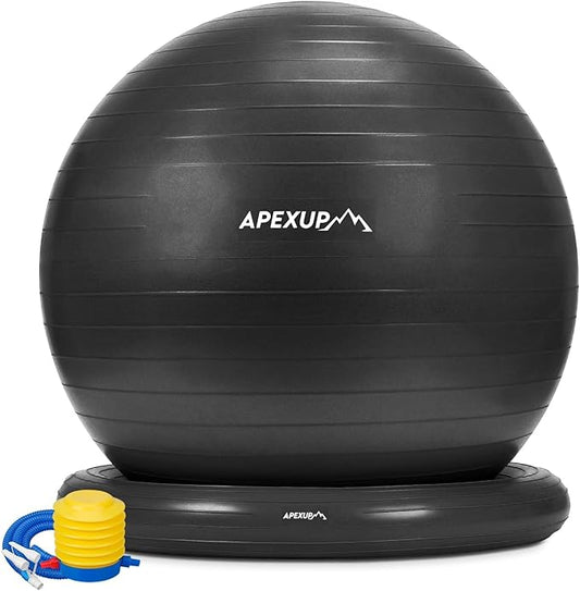 APEXUP Yoga Ball Chair, Exercise Ball Chair with Base for Office, Anti Slip Stability Ball Fitness Ball Seat, Home Gym Workout Ball, Balance Ball with Pump (Black, XL)