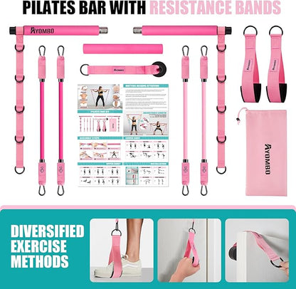 Pilates Bar Kit with Resistance Bands, Pilates Workout Equipment for Legs, Hip, Waist, Arm, Squats Exercise Equipment for Home Workouts, Adjustable 3-Section Pilates Bar Kit for Women & Men