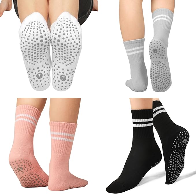 Toes Home Pilates Socks for Women with Non Slip Grippers, Yoga Crew Socks for Barre Hospital Sticky Slipper Socks 4 Pairs