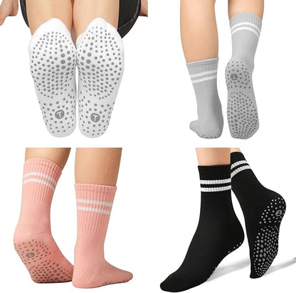 Toes Home Pilates Socks for Women with Non Slip Grippers, Yoga Crew Socks for Barre Hospital Sticky Slipper Socks 4 Pairs