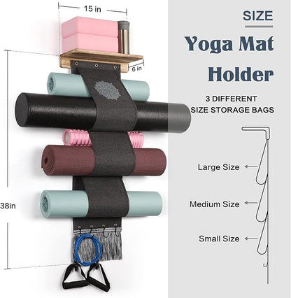 VINAEMO Yoga Mat Holder Accessories Wall Mount Organizer Storage Decor Foam Roller and Towel Storage Rack with 4 Hooks and Wooden Shelves Yoga Mats Rack Resistance Bands for Home Gym School Office