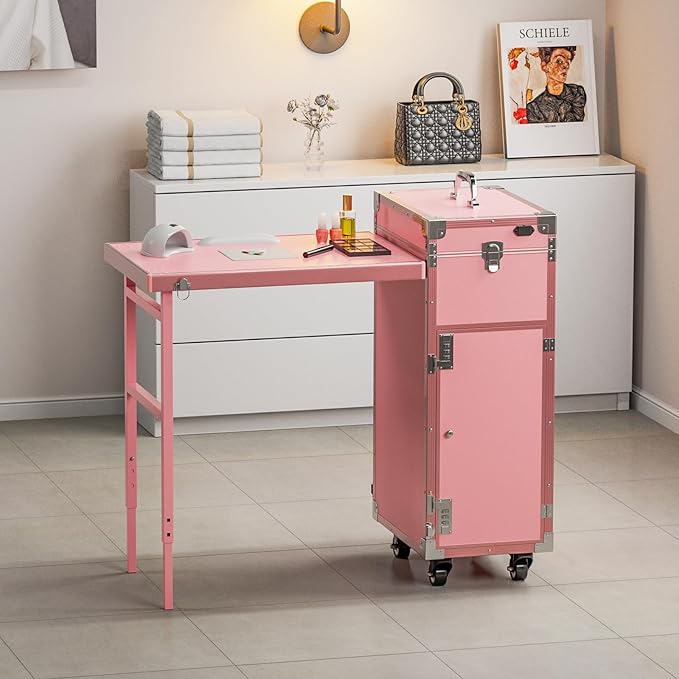 Icoget Portable Rolling Manicure Table for Nail Teach, Foldable Traveling Nail Desk w/Storage, Mobile Nail Table w/Audio and Mirror, Makeup Train Case Cosmetic Trolley, Pink