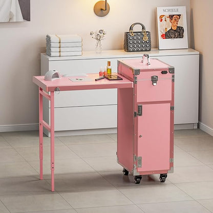 Icoget Portable Rolling Manicure Table for Nail Teach, Foldable Traveling Nail Desk w/Storage, Mobile Nail Table w/Audio and Mirror, Makeup Train Case Cosmetic Trolley, Pink