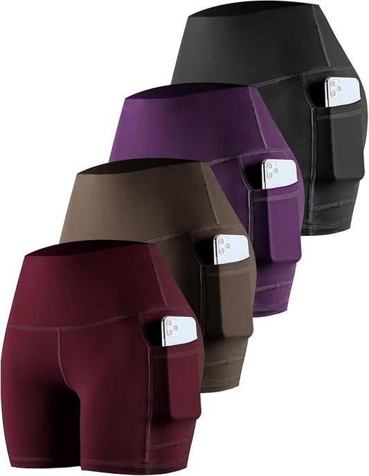 CHRLEISURE Womens Biker Yoga Shorts with Pockets: High Waisted Tummy Control Spandex Workout Athletic Gym Shorts 4 Packs