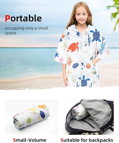 Abahub Surf Poncho Women & Men Towel Poncho Adult with Hood, Thick Quick Dry Changing Poncho Towel, Microfiber Wearable Cover Up for Surfing Beach Swim - Absorbent Changing Towel S (White seabed)