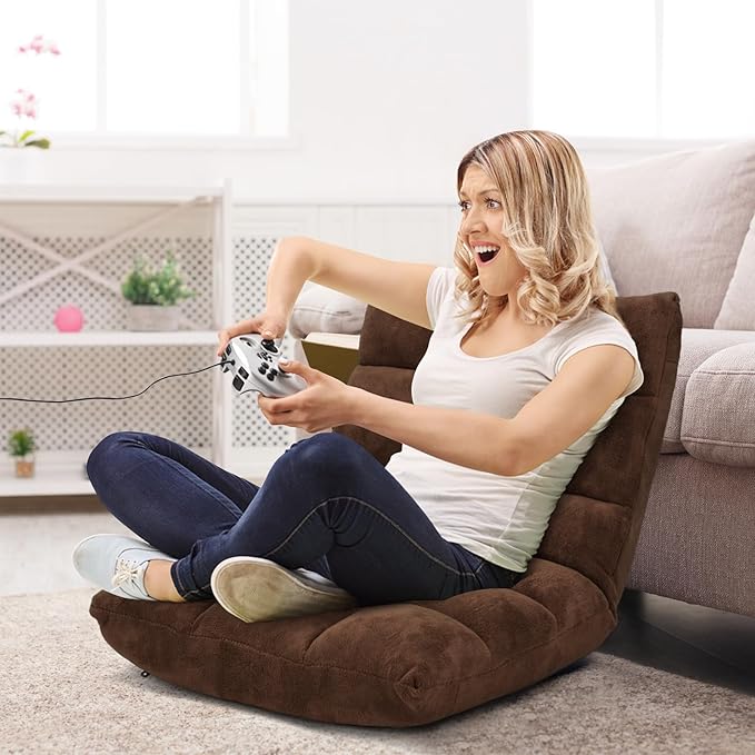 RELAX4LIFE Floor Chair with Back Support - 14-Position Adjustable Lazy Sofa Chair, Padded Sleeper Bed & Couch Recliner for Reading Meditation, Folding Floor Gaming Chair for Adults (Brown)