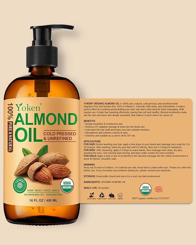 Yoken Organic Almond Oil 16 fl oz, USDA 100% Pure Cold Pressed Almond Oils in Glass Bottle, Natural Moisturizer for Face, Hair & Body, Ideal Carrier Oil for Skin Care, DIY Beauty & Soothing Massage