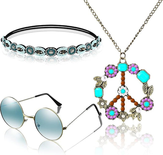 WILLBOND 60s 70s Accessories for Women Hippie Costume Accessories Peace Sign Necklace Headband Hair Wreath Sunglasses