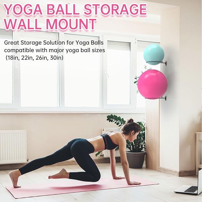 Universal Wall-Mounted Exercise Ball Holder - Adjustable Yoga Ball Storage Rack for 14 to 30 Inch Stability Balls, Heavy-Duty Metal Wall Mount with 12-Inch Diameter Ring, Space-Saving Design