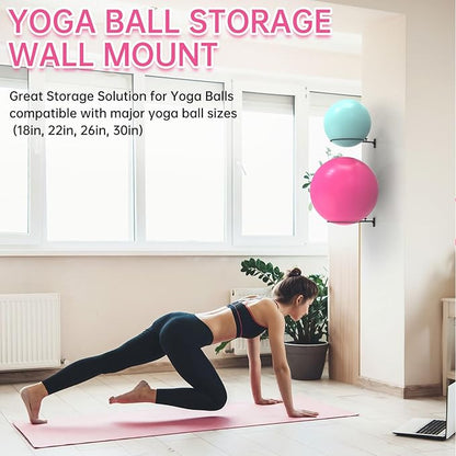 Universal Wall-Mounted Exercise Ball Holder - Adjustable Yoga Ball Storage Rack for 14 to 30 Inch Stability Balls, Heavy-Duty Metal Wall Mount with 12-Inch Diameter Ring, Space-Saving Design