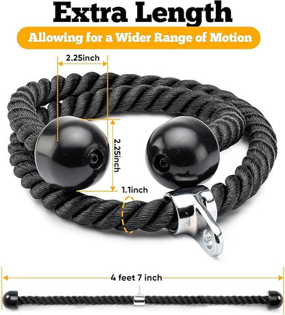 Double Length Tricep Rope for Cable Machines - 55 Inch Heavy Duty Pulldown Attachment, 4ft 7in Gym Strength Training Accessory & Home Workout Equipment