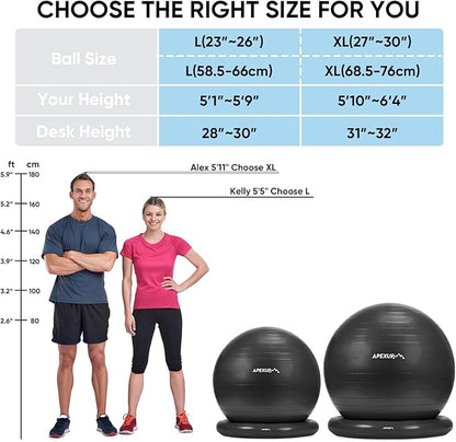 APEXUP Yoga Ball Chair, Exercise Ball Chair with Base for Office, Anti Slip Stability Ball Fitness Ball Seat, Home Gym Workout Ball, Balance Ball with Pump (Black, XL)