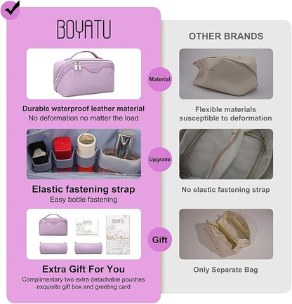 BOYATU Travel Makeup Bag Organizer Cosmetic Bag: 3 Pcs Set Make up Bags for Women with Handle - Waterproof Vegan Leather Toiletry Bags Travel Essentials Pouch with Compartments (C-01-Purple)