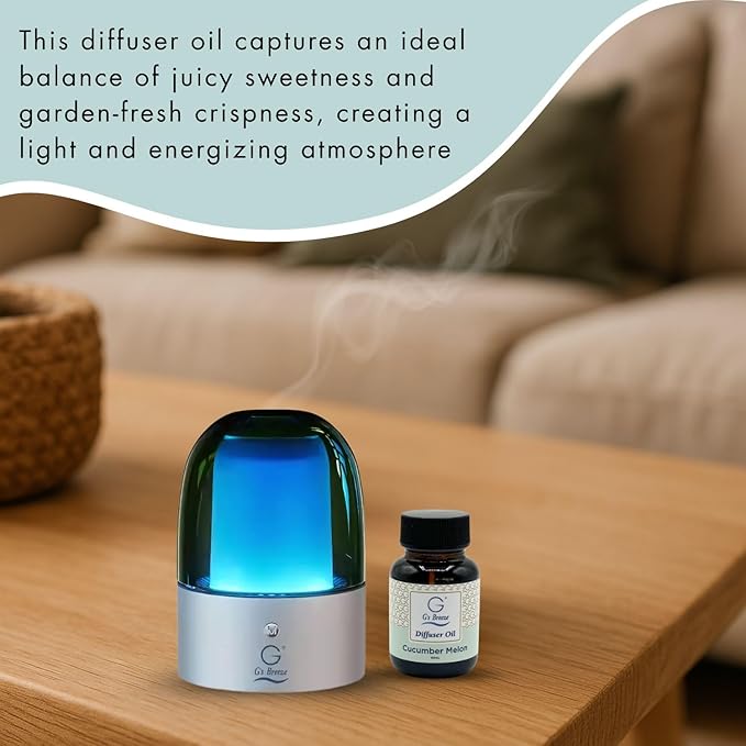 G's Breeze Smart Aroma Diffuser with 60ml Cucumber Melon Scent Refill – Bluetooth & Wi-Fi App Control - LED Lighting & Adjustable Intensity - Long-Lasting Fruity Floral Fragrance for Home or Office
