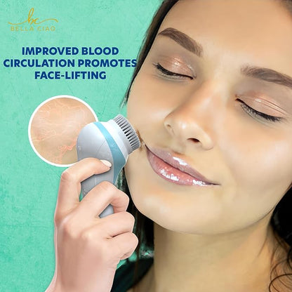 Bella Ciao 5-Piece Sonic Facial Cleansing Brush Set, Blue | Battery Operated Face Scrubber Exfoliator, Makeup Remover Skin Care Tools w/ 4 Attachments| Face Cleansing Brush, Skin Exfoliator for Body