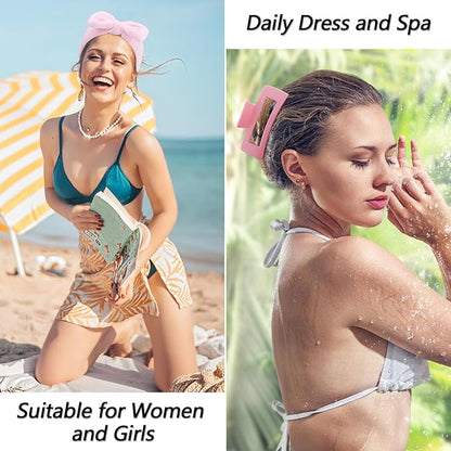 VELSCRUN Spa Headbands for Wash Face, Makeup Headband, Facial Skincare Headbands, 5 Pcs Pink Puffy Sponge Spa Headband Bow Tie Hair Band Hair Clips Wristband Set Women Girls Accessories