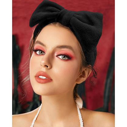 VELSCRUN Spa Headbands for Wash Face, Makeup Headband, Facial Skincare Headbands, 5 Pcs Black Puffy Sponge Spa Headband Bow Tie Hair Band Hair Clips Wristband Set Women Girls Accessories